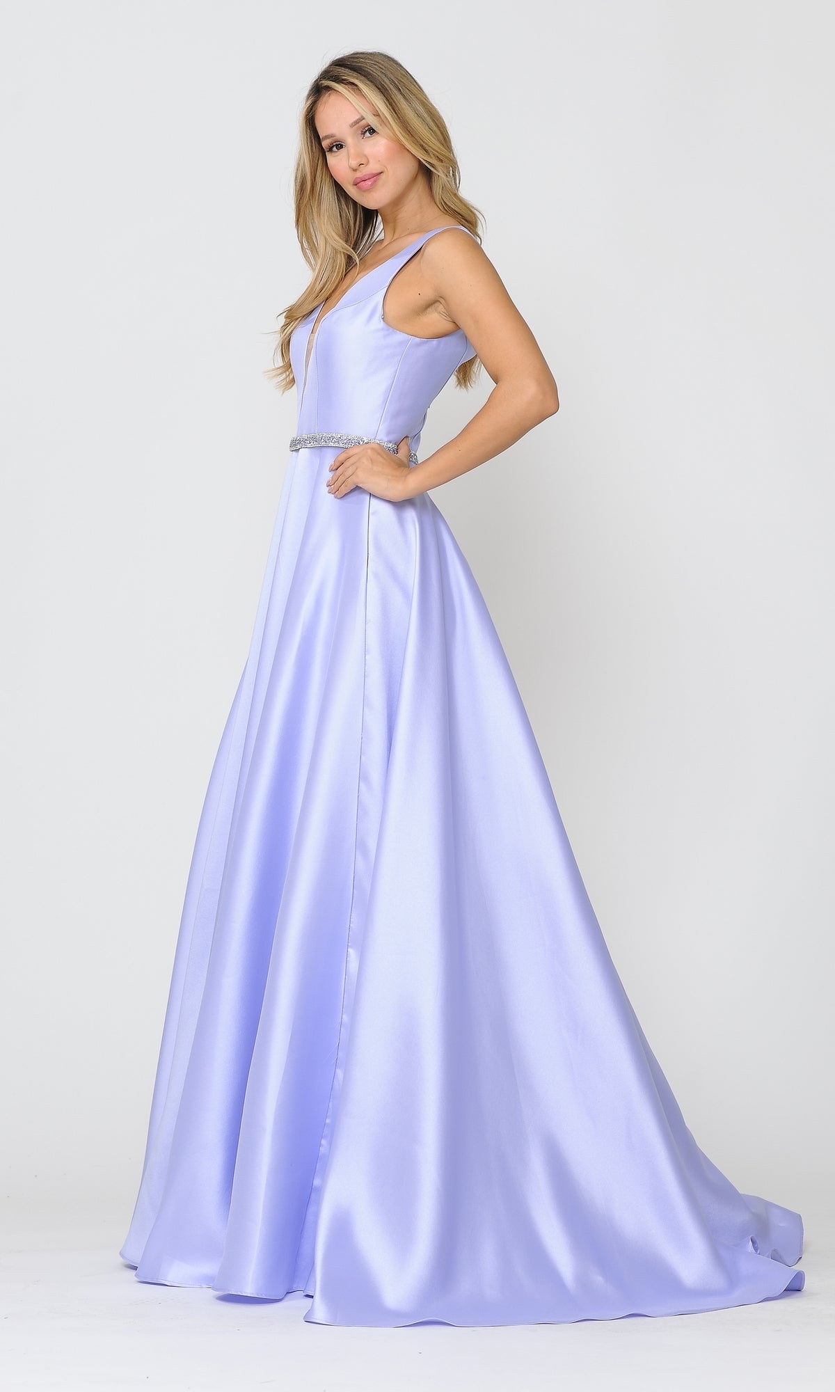 A woman stands in profile against a plain white background, wearing the Deep V-Neck Long Mikado A-Line Prom Dress 8682—floor-length, sleeveless, light purple satin with a fitted bodice and flared skirt.